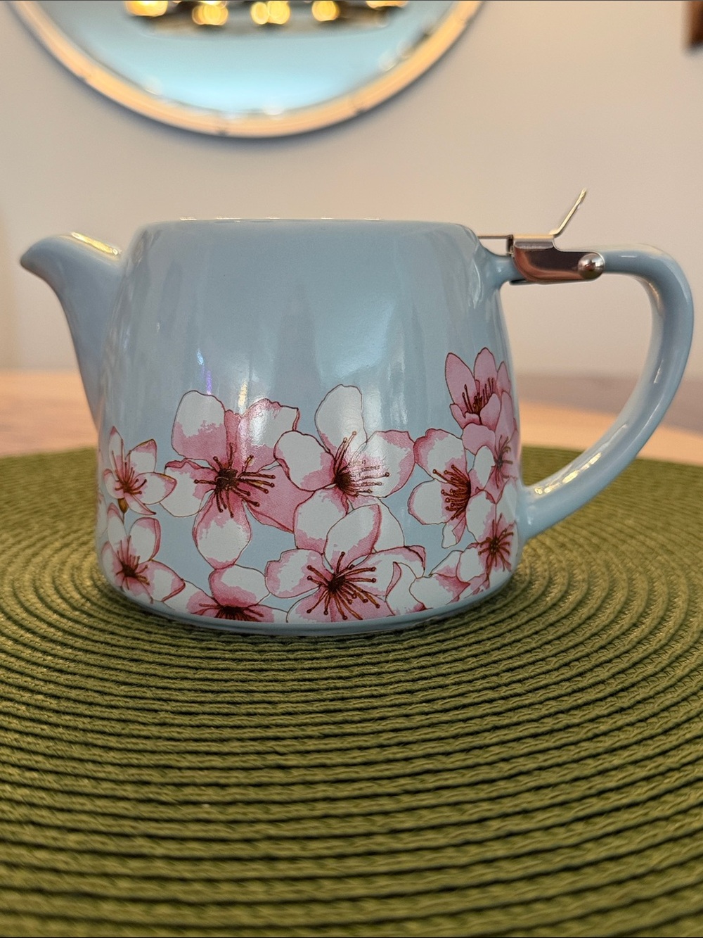 Alfred Blue Ceramic Teapot with Pink Cherry Blossom Motif